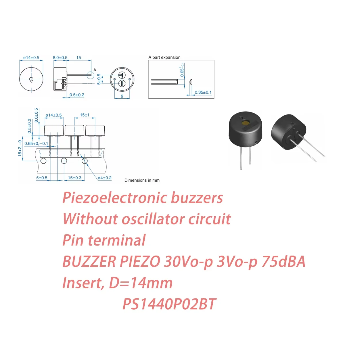 10PCS PS1440P02BT Audio Buzzer Piezo 30Vo-p 3Vo-p 75dBA NEW Original Piezoelectronic buzzers Without oscillator circuit 2-Pin