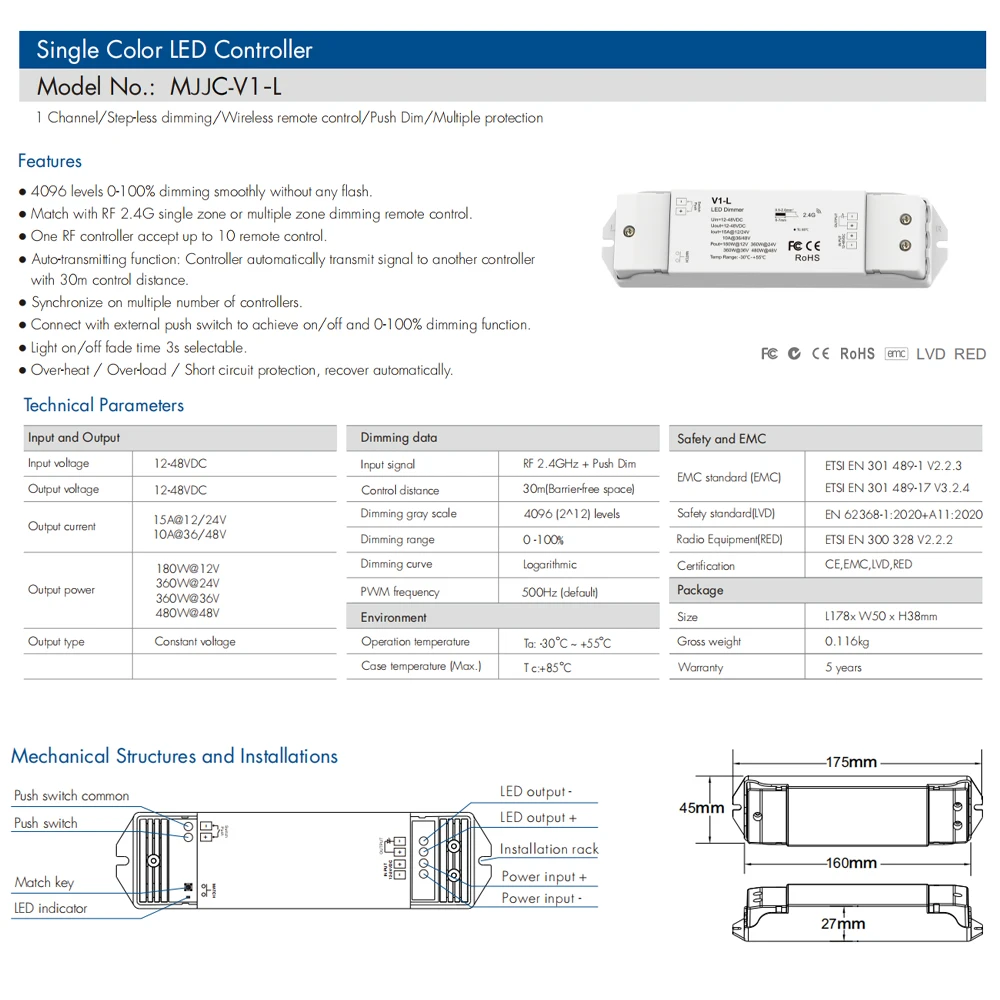 LED Controller PWM V1-L DIM V2-L CCT Dual Color V3-L RGB V4-L RGBW V5-LRGBCCT for 12V 24V 36V 48V LED Strip Light Push Dimmer