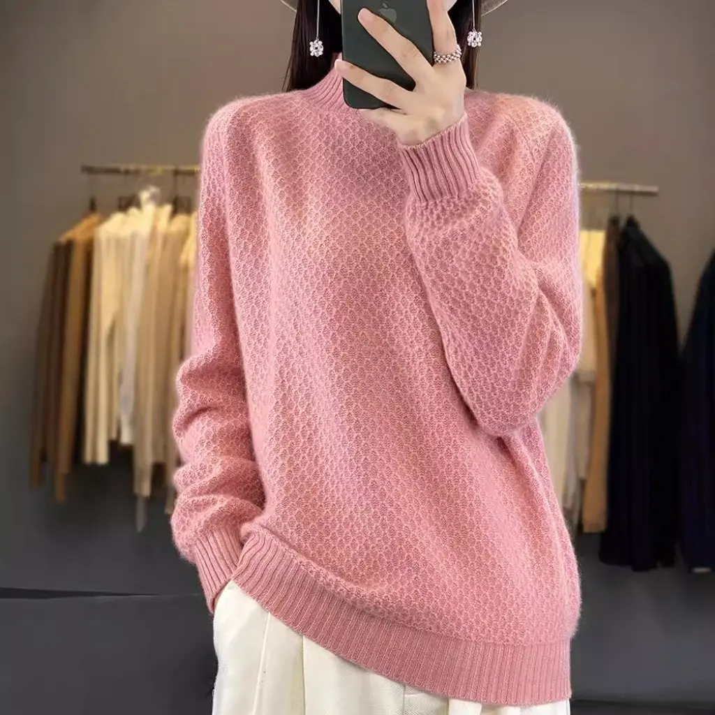 

Women's Thick 100% Wool Knitwear Half-turtleneck Pullover Honeycomb Loose Casual Sweater Commuter Base Top