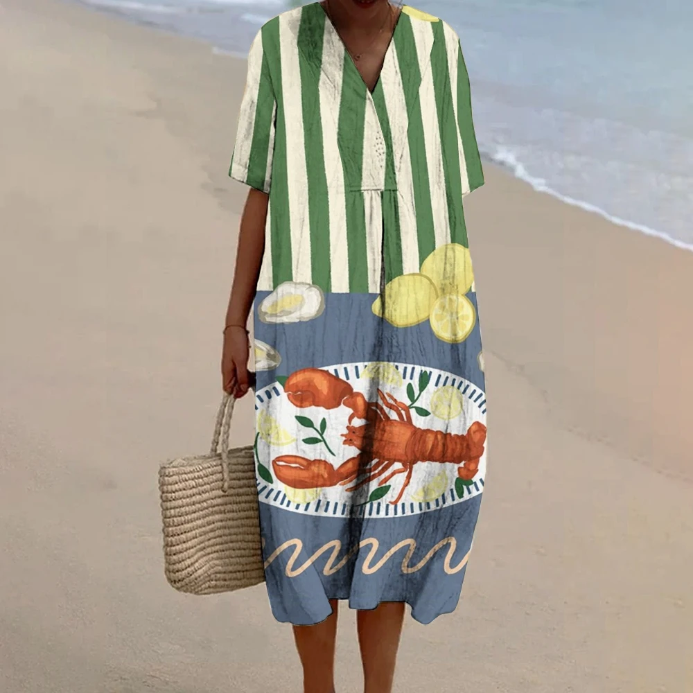 Women's Crab Print Dress summer cotton sewing dress boho cotton dress vacation outfits woman 2024 luxury Hawaii Beach Dresses