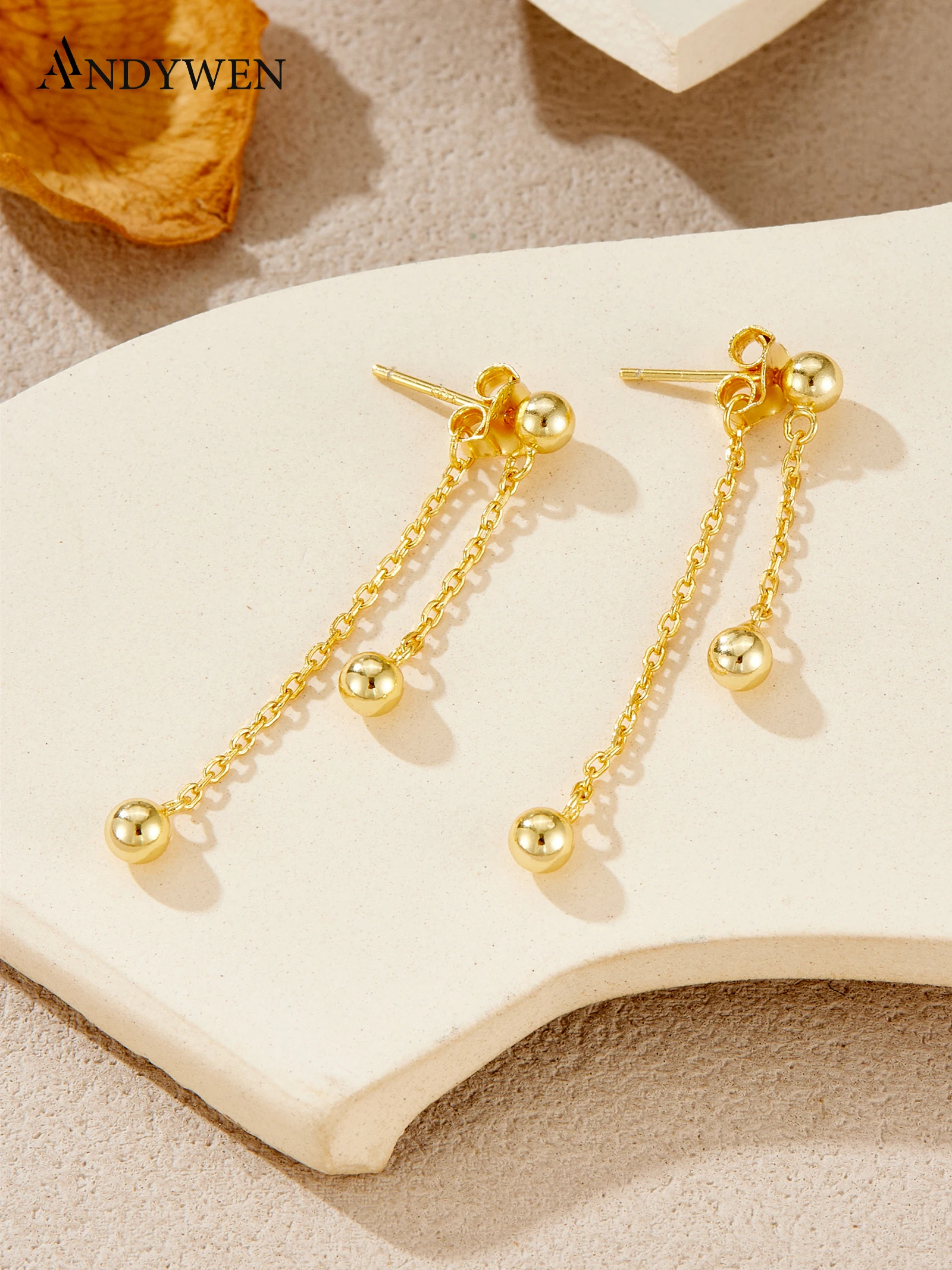 ANDYWEN 925 Silver Beaded Tassel Earrings, Minimalist Drops with Chain Fringe, Gift Box Jewelry for Women, Daily Wear