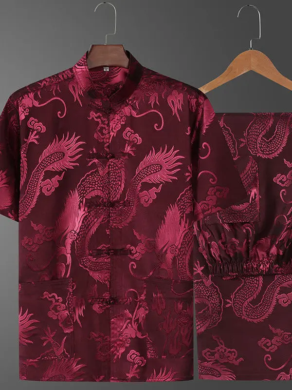 Abito Tang retrò modello drago di seta cinese Kung Fu Tai Chi abbigliamento Hanfu Fu Cheongsam da uomo con camicia tascabile camicia fondo