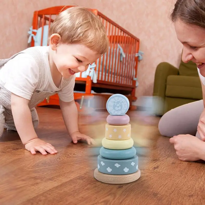 Juguetes apilables de madera, juguete apilable y giratorio de madera, juguetes sensoriales, juguete giratorio para bebés, anillos apilables para niños de Navidad de Acción de Gracias