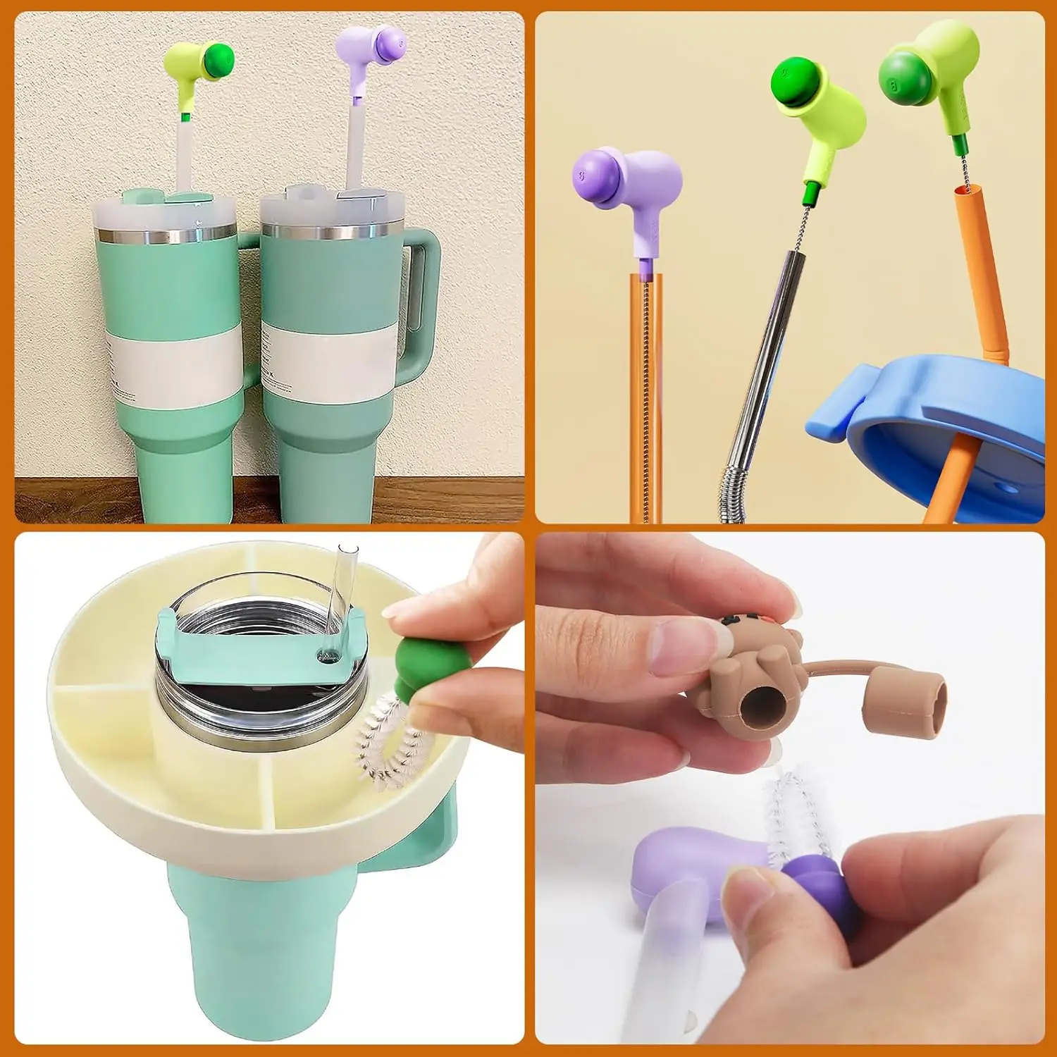 Good Quality Cute Pea Straw Cleaning Brushes 2-in-1 Long Straw Cleaner Brush Stainless Nylon Flexible for Bottle Cup Cover