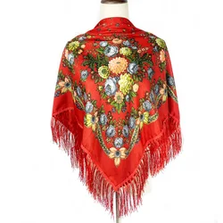 Russian Square Scarf Women Floral Print Square Bandana Ukrainian Fringed Shawl Babushka Head Wraps Female Blanket Travel Shawls