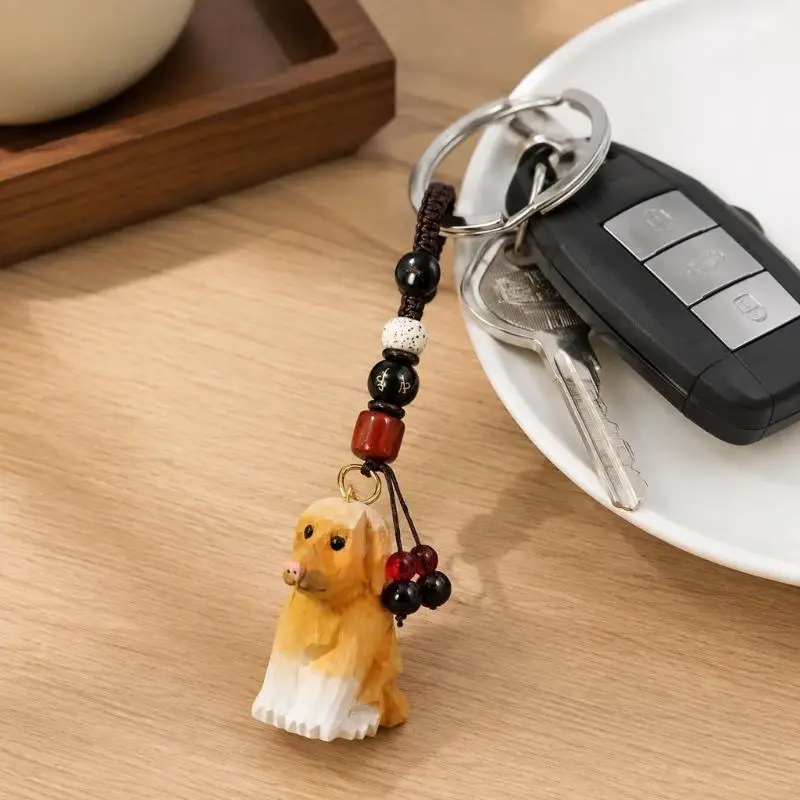 Carving Dog Charm Pendant with Braided Hanging Loop, Metal Rings and Beaded Design for