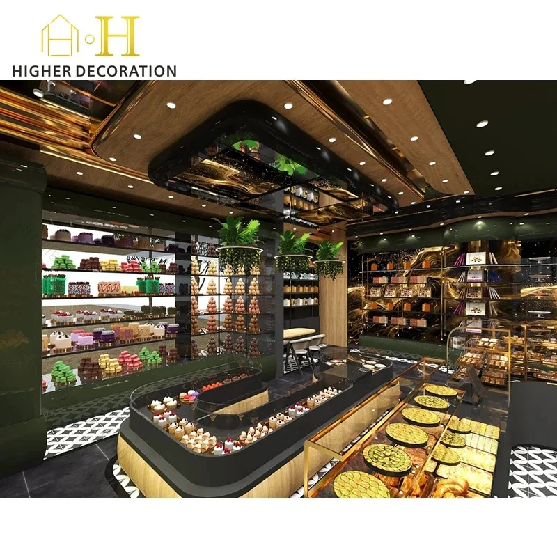 custom.Fashion Bakery Shop Interior Design Tempered Glass Bakery Countertop Display Wooden Bakery Display Tray with Lighting