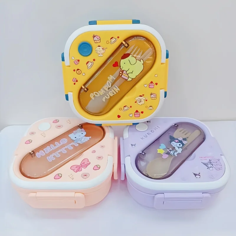 Sanrio Hello Kitty Kuromi Cinnamoroll Three-compartment Lunch Box with Spoon and Fork Cartoon Anime Character Print Storage Box