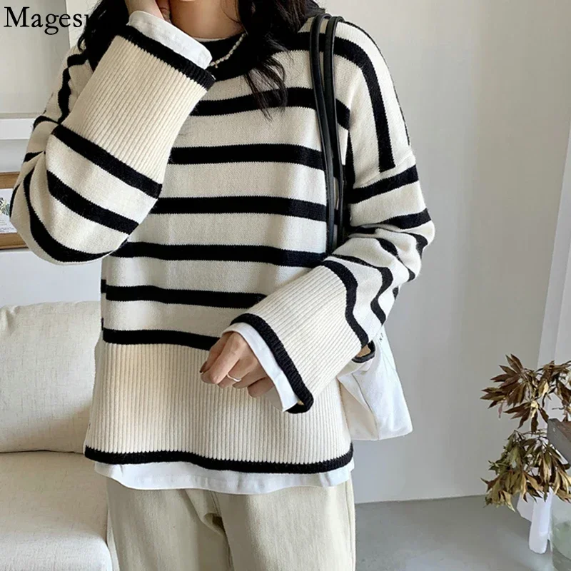 

Autumn Winter O Neck Vintage Sweater Women Casual Loose Striped Sweater Knitted Pullover Women Long Sleeve Top Pull Femme 17842