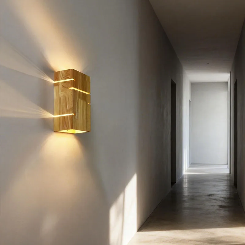  Modern Creative Wall Light Wooden Square Box Log Lamp Bedroom Balcony Staircase Living Room Background Lighting Fixture