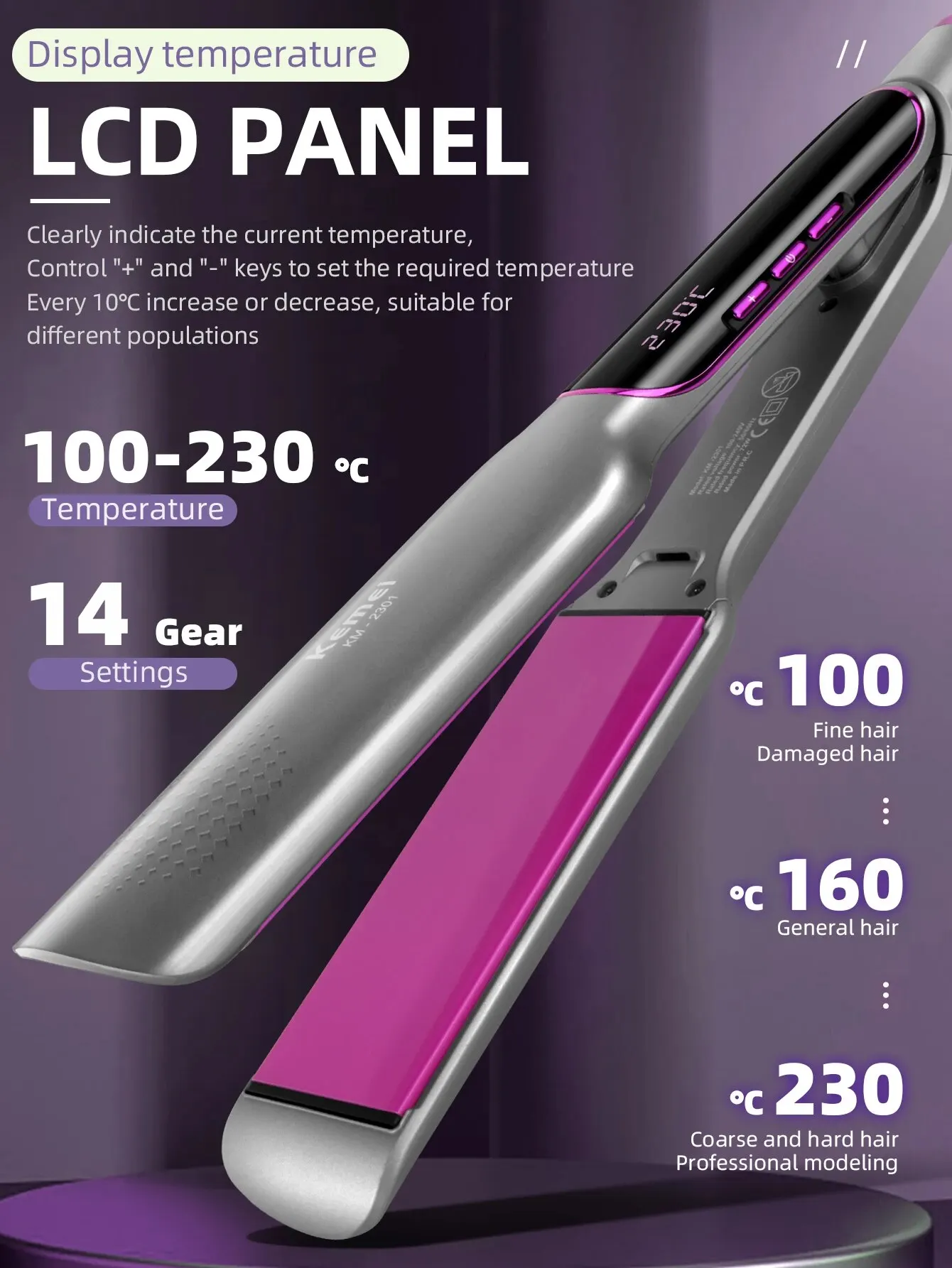 جهاز فرد شعر من الحديد المسطح من KEMEI مع شاشة LCD ، جهد مزدوج ، تسخين أطباق سيراميك عائمة بسرعة