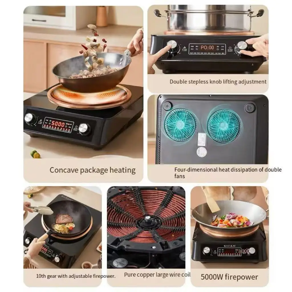 5000W High Power Smart Electric Induction Cooker 36 Stainless Steel Wok Household Stir-Fry Knob Touch Screen Display