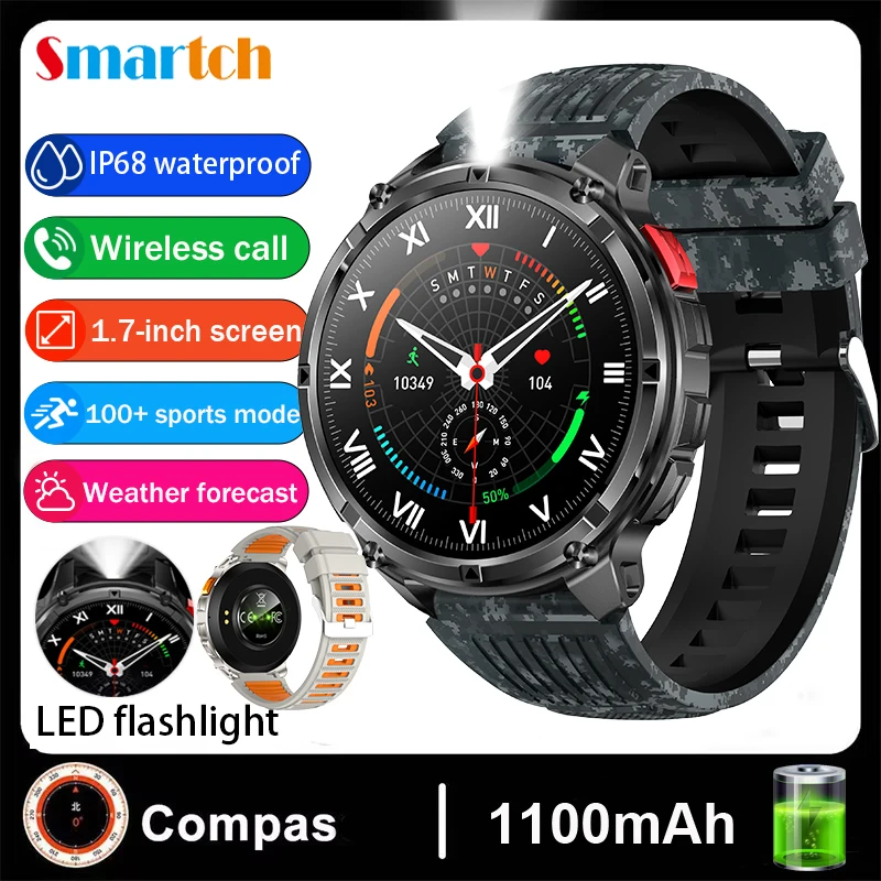 

Водонепроницаемые умные часы 1,7 дюйма, аккумулятор 1100 мАч, светодиодный фонарик, BT Call, уличные умные часы для мужчин и женщин, спортивный компас, монитор здоровья