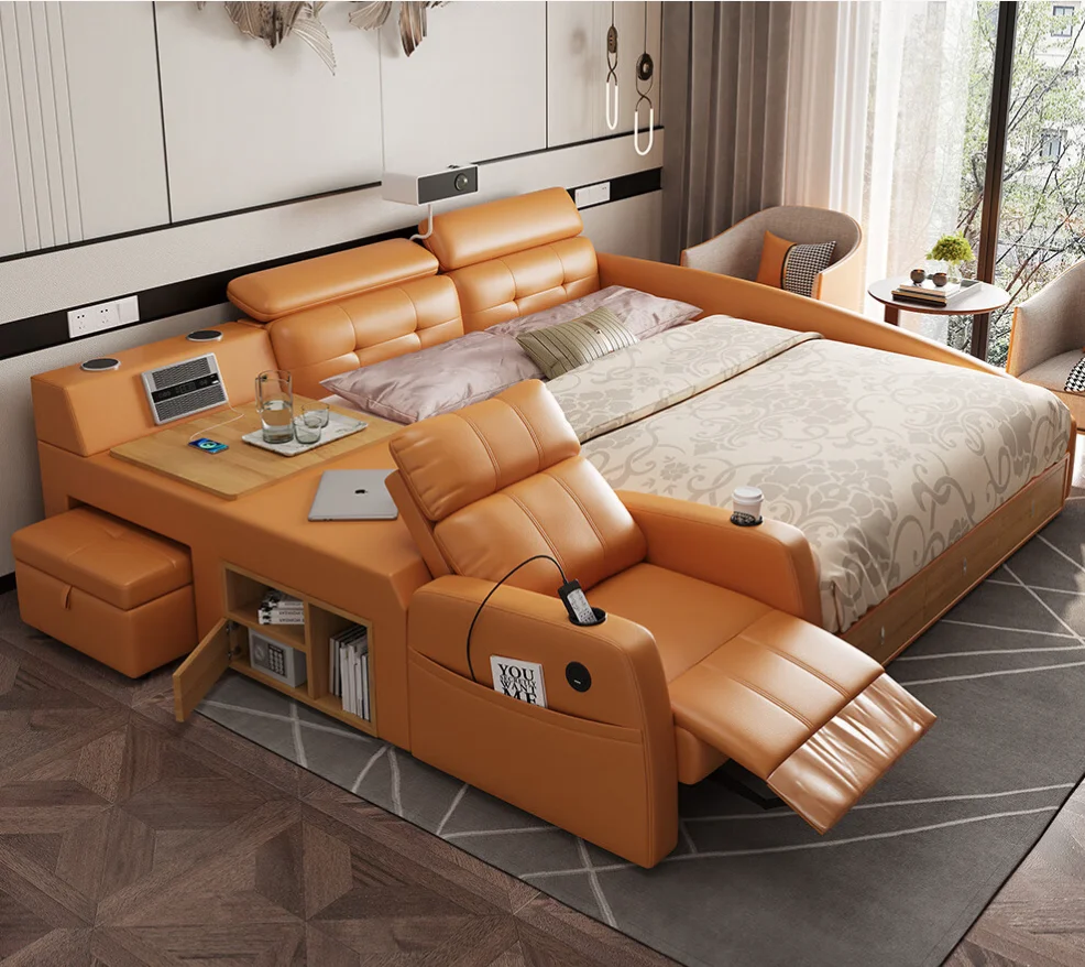 

Modern Luxury Master Bedroom Set Furniture Double Bed Leather Smart Massage Multi Functional Storage Wooden Bed