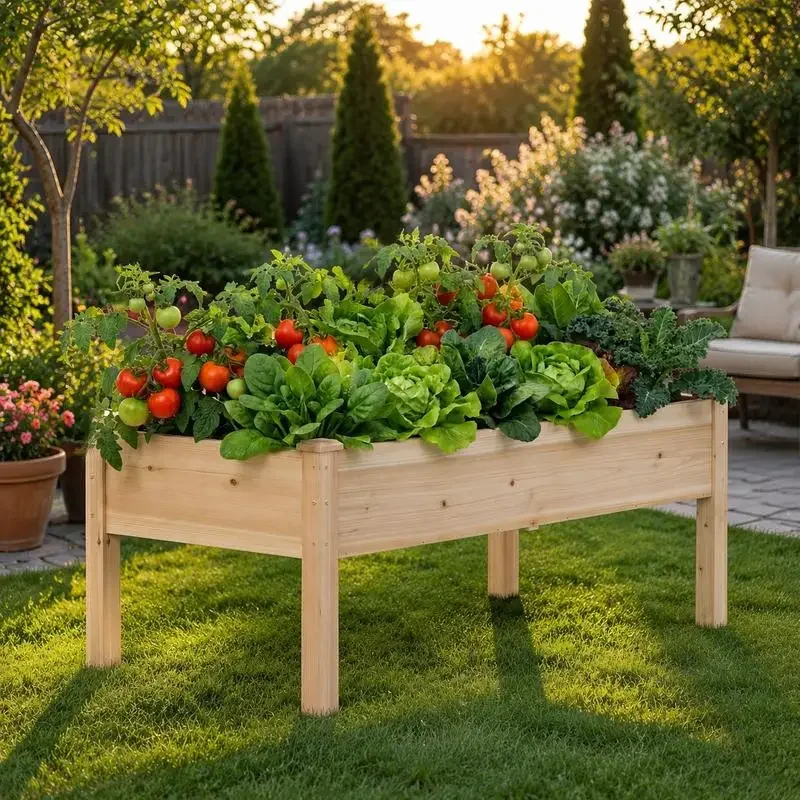Ensemble de 1 bacs à fleurs surélevés en bois de sapin naturel avec pieds, à placer dans les coins du jardin, sur les balcons, dans les cours et dans les espaces extérieurs des villas, pour l'aménagement paysager et la décoration.