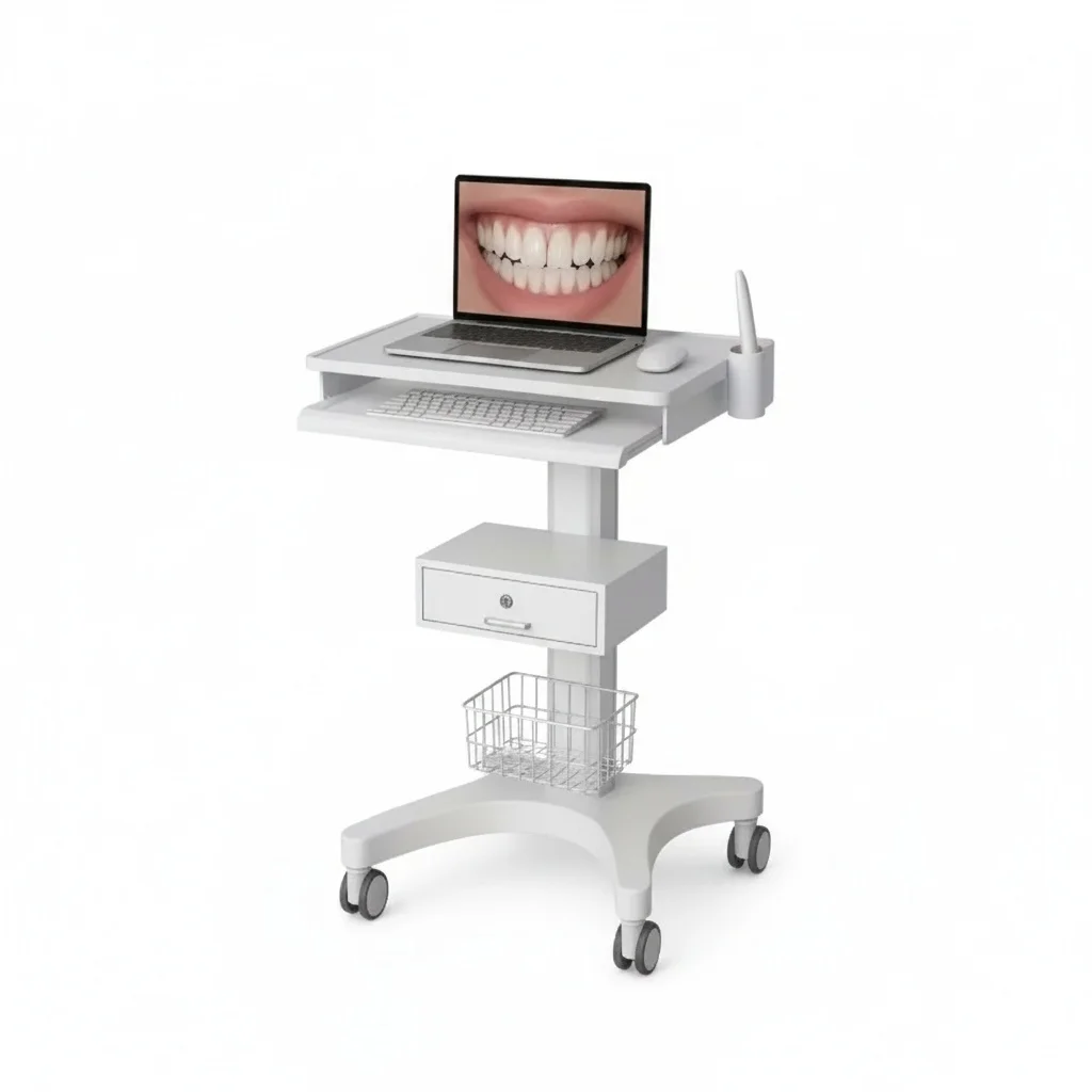 Dental Scanner Cart, Mobile Aviation Aluminum Alloy Trolley, Medical Laptop Stand with Drawer, Rolling Hospital Clinic Cart