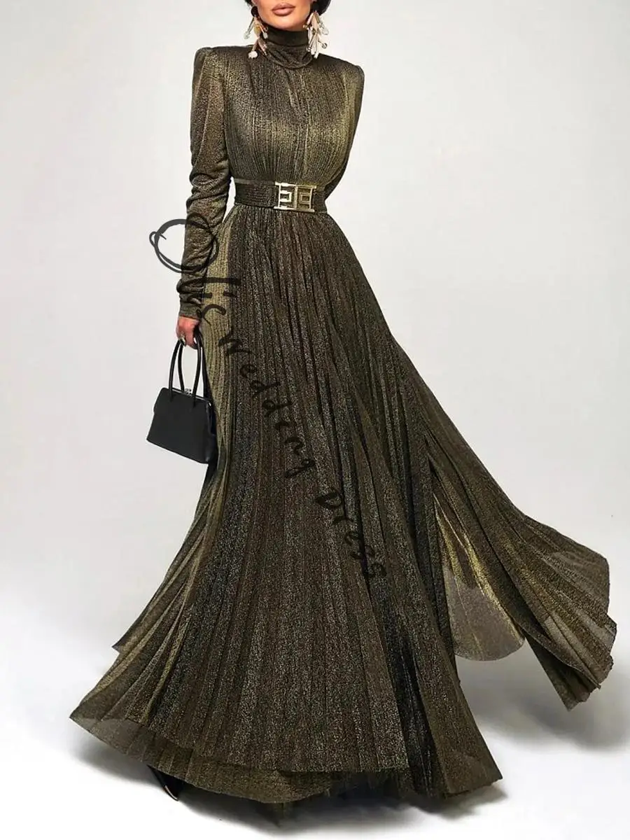 

customized New High Neck Long Sleeve Pleated Maxi Dress for Women Metallic Shiny Fabric Waist Belted Elegant Formal Party Eveni