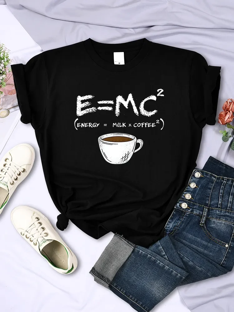 Energy=milk+coffee Harajuku T Shirt Women Creativity Tee Clothes T-Shirts Loose Summer Tshirt Oversized Breathable Womens Tops