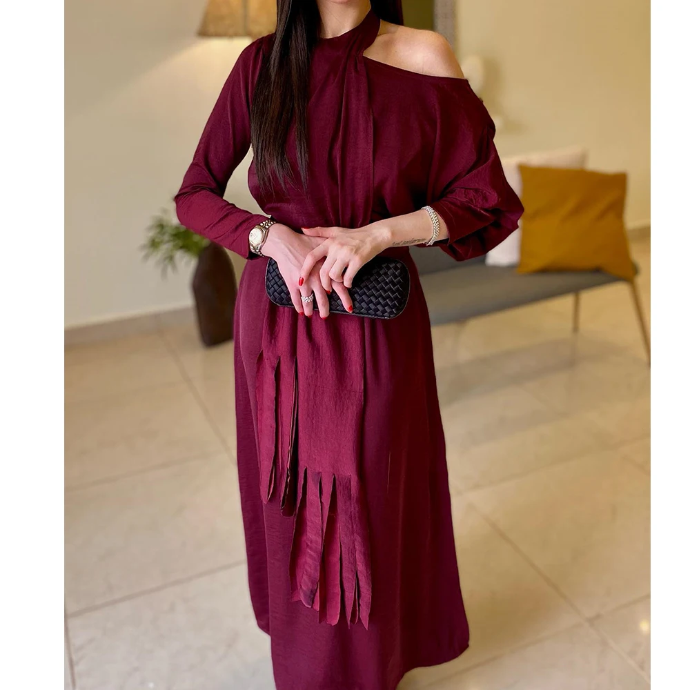 

Exquisite Pleats Ribbons Tassel Prom Gowns Graceful Burgundy A-Line Jersey Long Sleeves Party Gowns فساتين سهره نسائيه فخمة