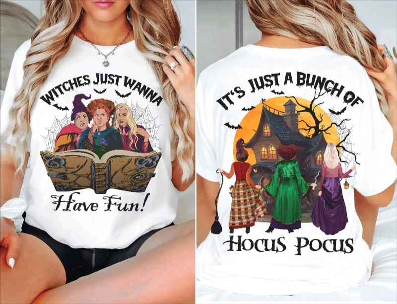 MINISO هذا مجرد مجموعة من قمصان Hocus Pocus، تي شيرت Sanderson Sisters للجنسين كاجوال بطبقة أساسية لجميع المواسم Y2k #1