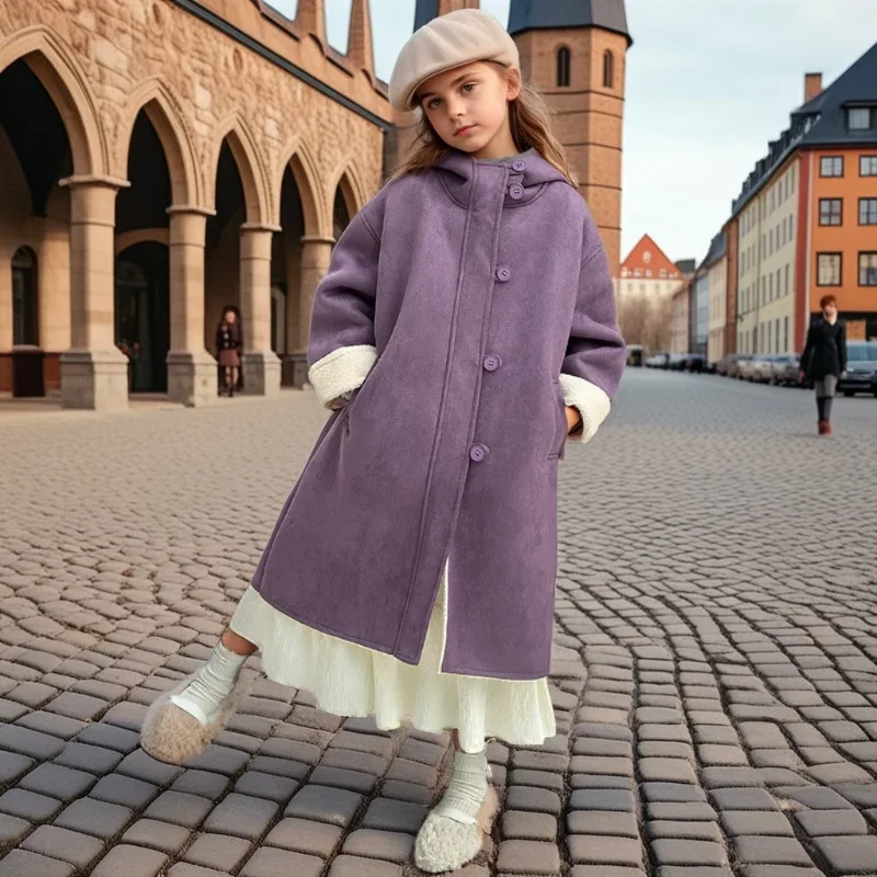 Teenage Girls Hooded Overcoat Fall Winter New Padded Fur One Jacket Windbreaker Children Outerwear Casual Fashion Lamb Wool Coat