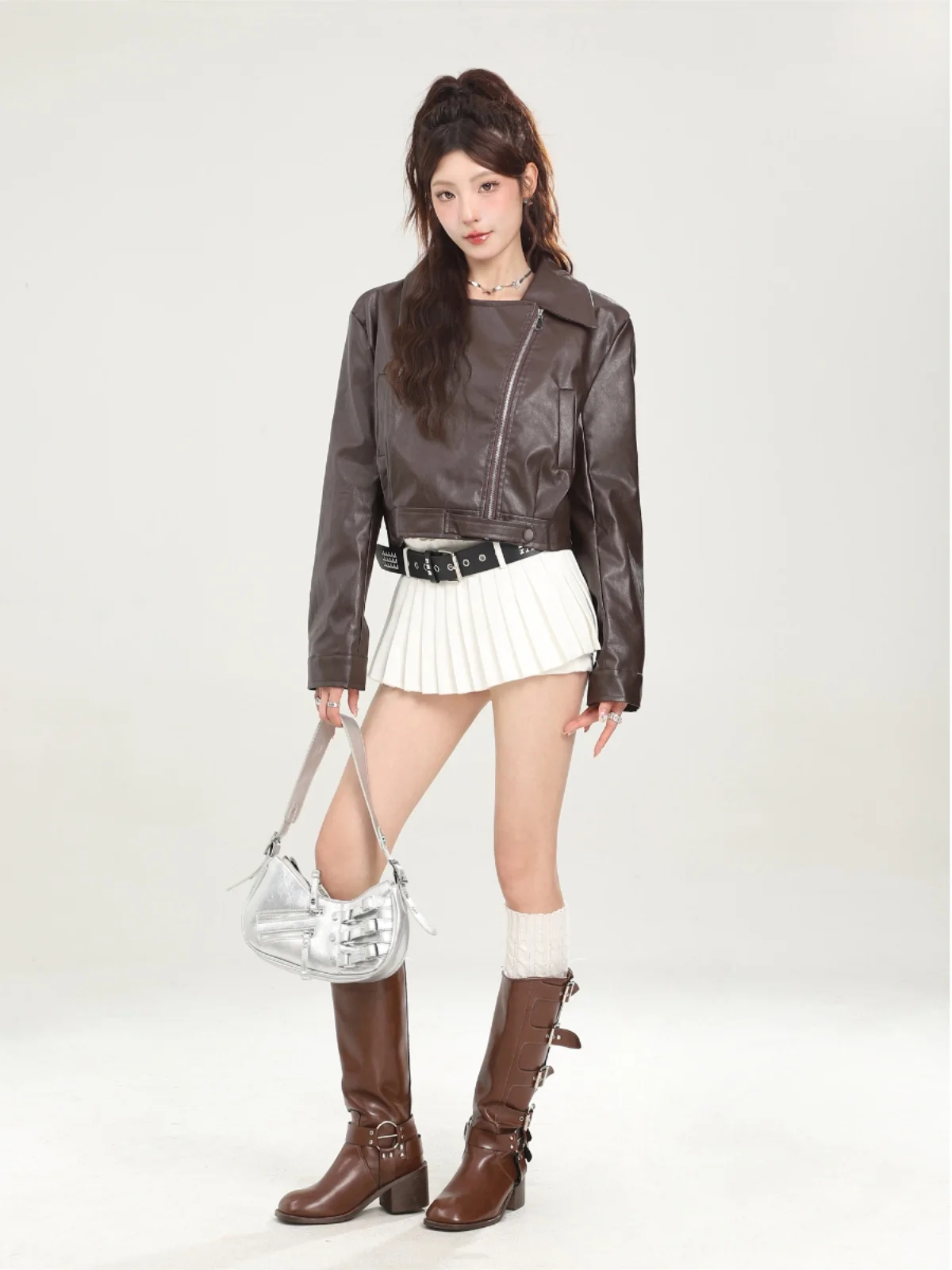 American Sle ort PU Leather Jaet Women's Autumn Winter Flip Collar Coat Small Size Faionable Biker Top for Youths