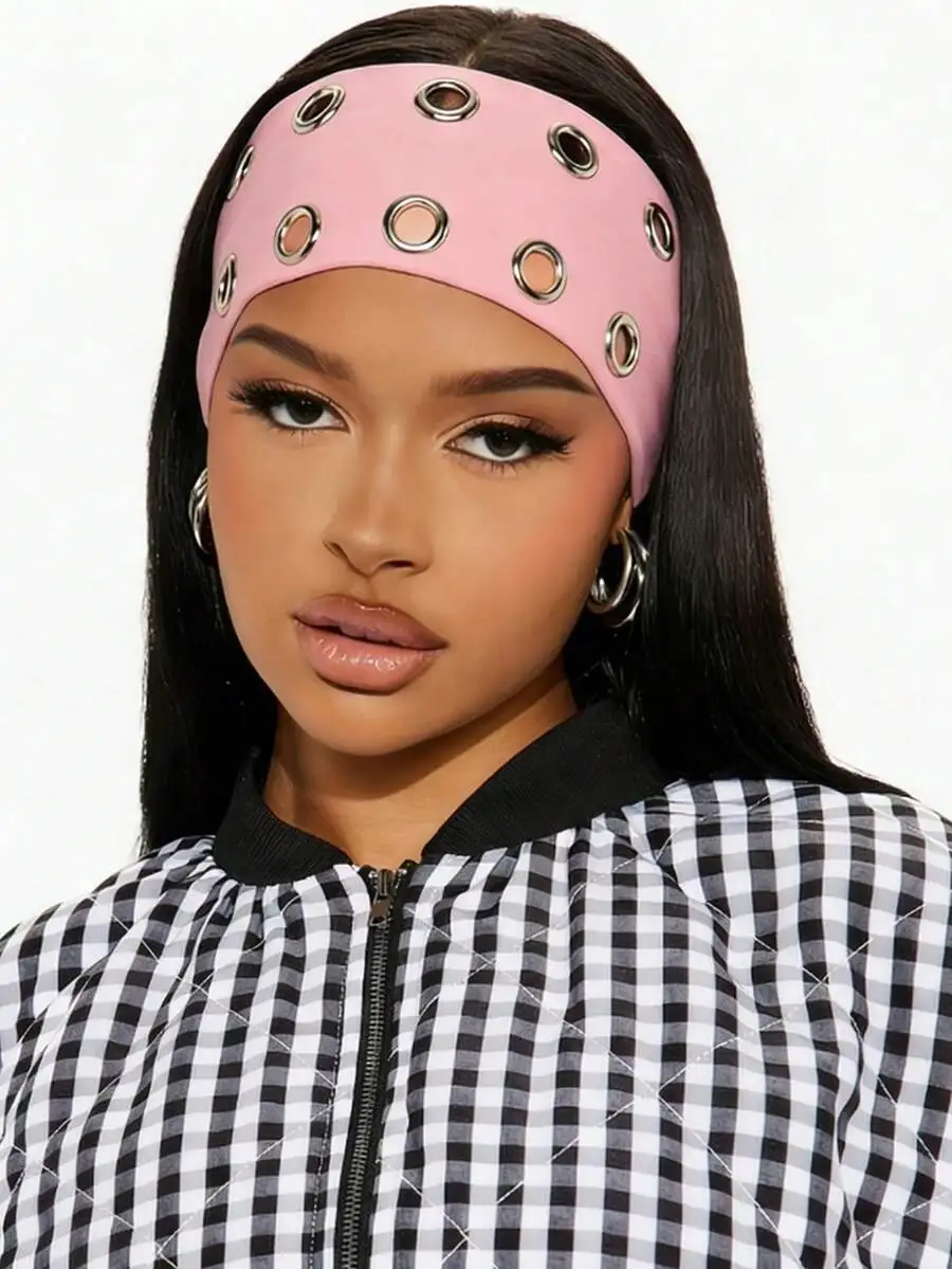 Pink Punk Grommet Headband, Elastic Metal Eyelet Hair Band for Women