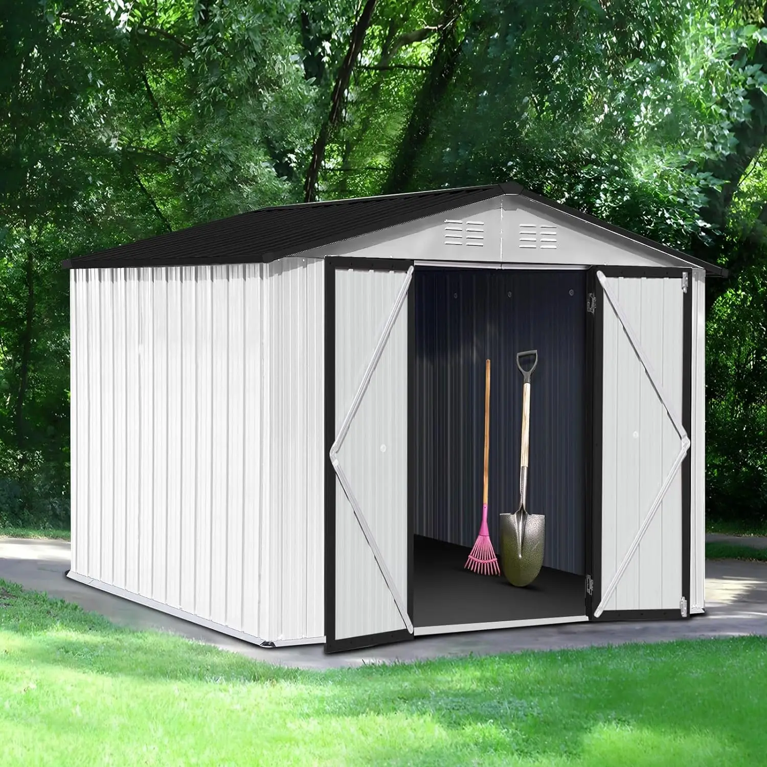 

8' × 6' Metal Outdoor Storage Shed with Door & Lock, Waterproof Garden Storage Tool Shed with Base Frame