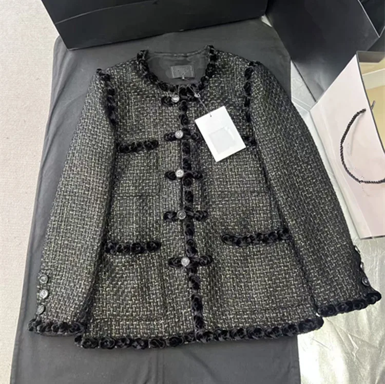 Customization European women's fashion 2026 spring new collection Long-sleeved black single-button tweed coat and dress set