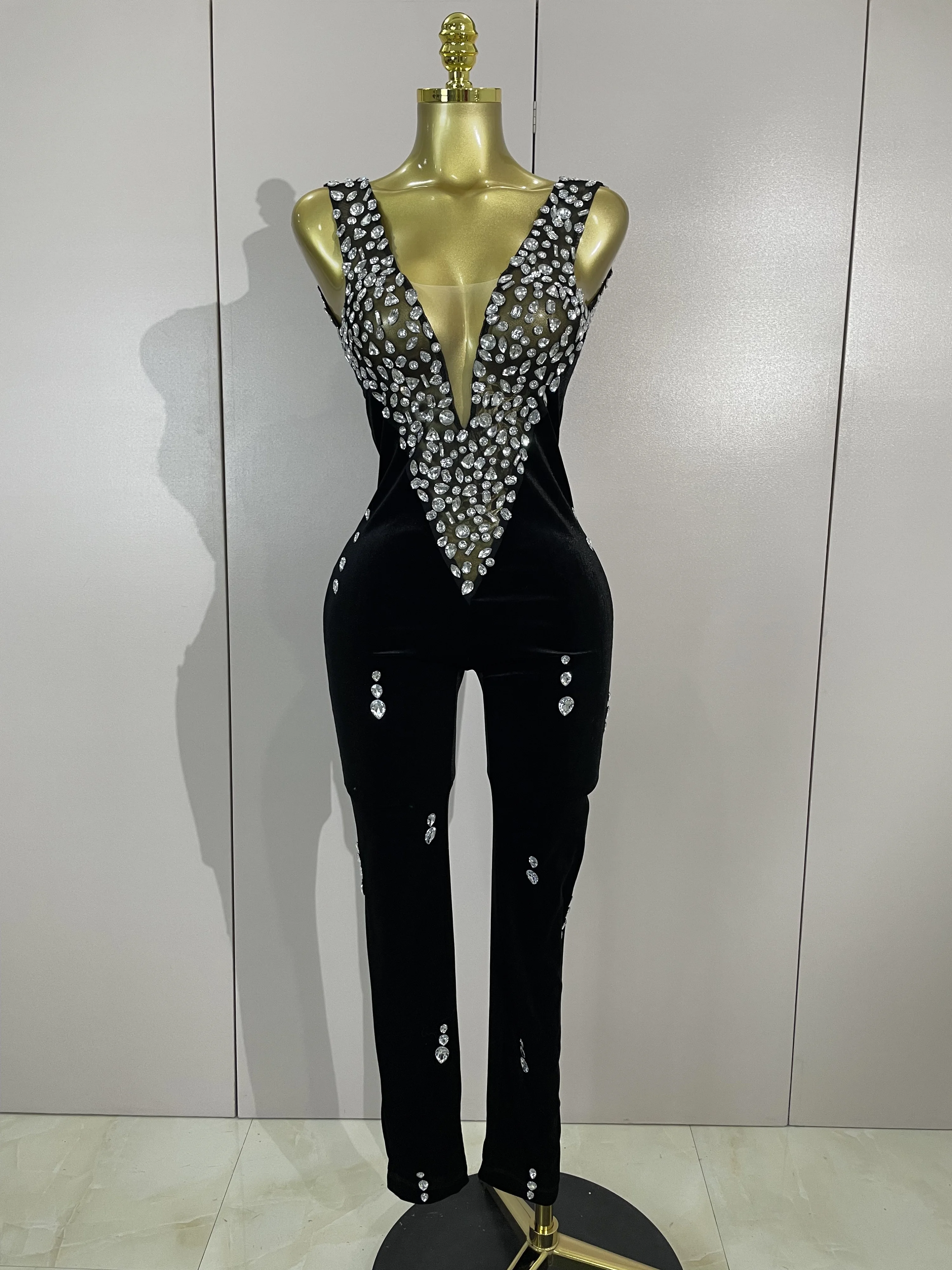 

Sexy Sparkly Rhinestones Black Velvet Jumpsuit Women Performance Dance Costume Celebrate Club Luxury Birthday Party Stage Outfit