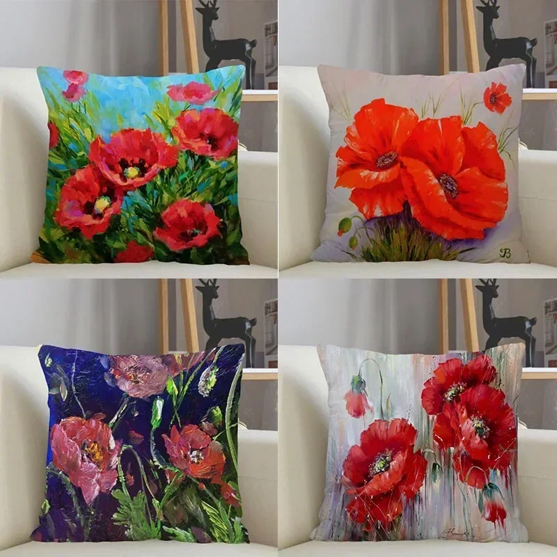 Poppy Pillowcase Home Decor Bedroom  Living Room Square  Throw  Customizable