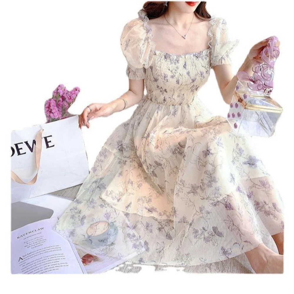 Waisted Square Neck Short Sleeve Floral Chiffon Women's Long Dress For Party or Work or Daily Wear Sehe Fashion