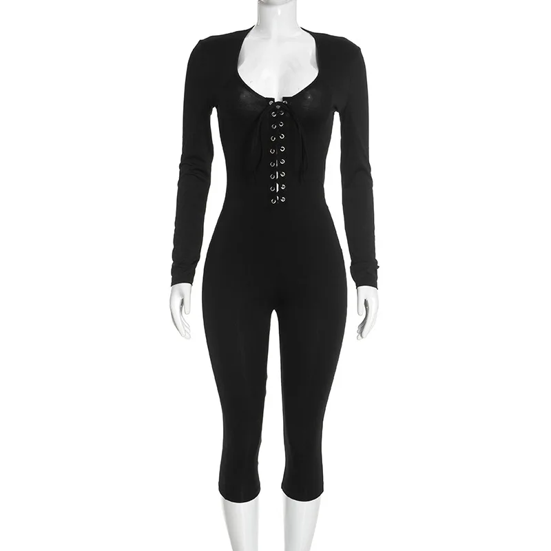 Schwarzer sexy, figurbetonter Jumpsuit mit tiefem V-Ausschnitt und Schnürung vorne, Damen-Jumpsuit mit langen Ärmeln, hochelastisch, figurbetont, Capri-Jumpsuit, Nachtclub-Party-Outfit – Detail 9