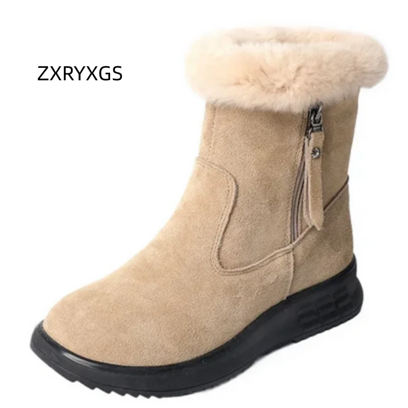 

ZXRYXGS 2025 Premium Cow Suede with Plush Women Snow Boots Comfortable Warm Cotton Boots Flat Soft Sole Big Size Winter Boots