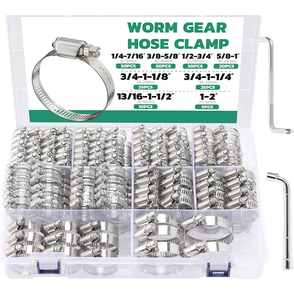 175PCS 304 Stainless Steel Hose Clamps Assortment Adjustable 1/4