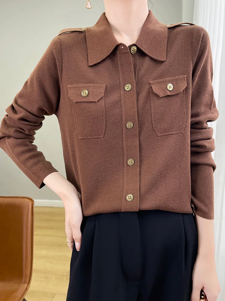 2025 nueva Otoño Invierno lana peinada Spinning camisa de manga larga POLO cuello cárdigan mujer camisa ligera de lujo moda ocio Top