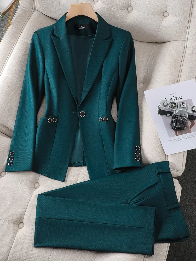 New Ladies Blazer and Pant Suit Formal Green Purple Blue Black Solid Women Jacket Trouser Female Business Work Wear 2 Piece Set