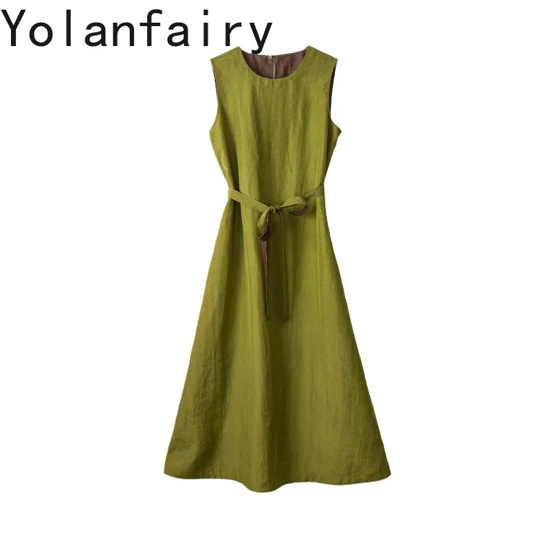 YOLANFAIRY Luxury 100% Real Mulberry Silk Dresses for Women Green Gambiered Silk Dress Sleeveless Slip Max Dress Elegant Lace-up