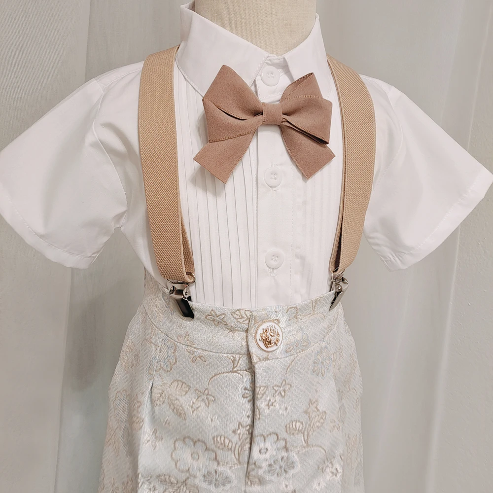 Kids Shirt Strap Shorts Bowtie 4PCS Clothing Set Boys Photograph Suit School Children Piano Performance Dance Dress Costume