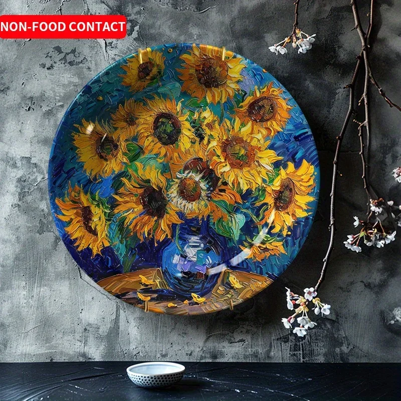 1pc Blue Sunflower Ceramic Decorative Plate - Hand-Painted Floral Art, Non-Food Contact Home Decor for Living Room, Study, Desk