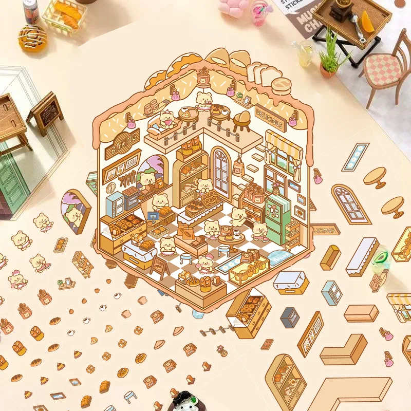 3d dos desenhos animados paisagem adesivos urso padaria mundo em miniatura 3d pequena casa descompressão diy cena mão conta adesivos