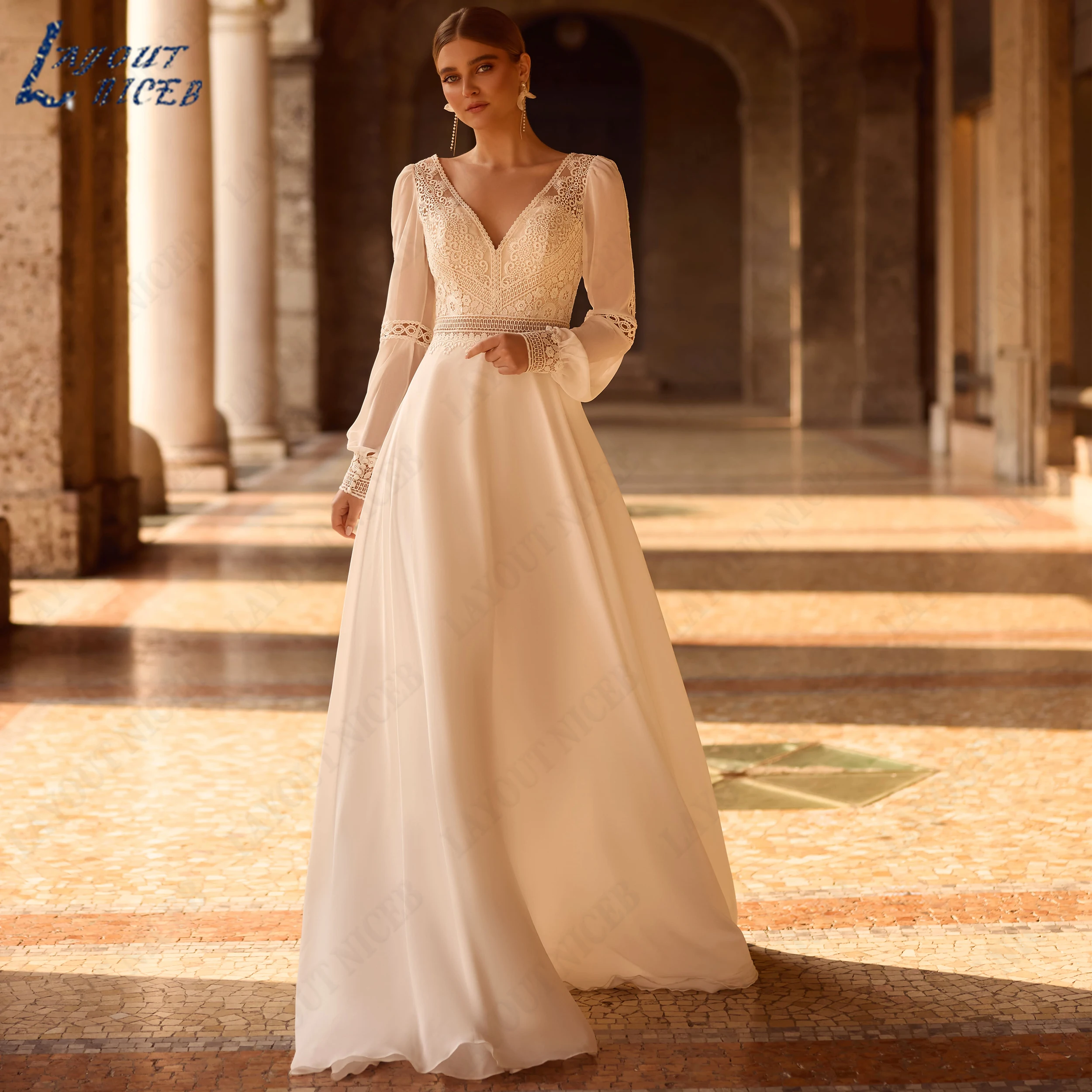 LAYOUT NICEB Boho V Neck Bridal Dresses Long Sleeve Chiffon Wedding Dress 2026 Lace Appliques For Bride Church Customized