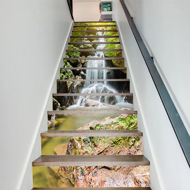 Flowing Mountain Creeks Waterfall Staircase Stickers for Home Decoration 100*18CM Self Adhesive Vinyl 13 Step Stair Riser Decals