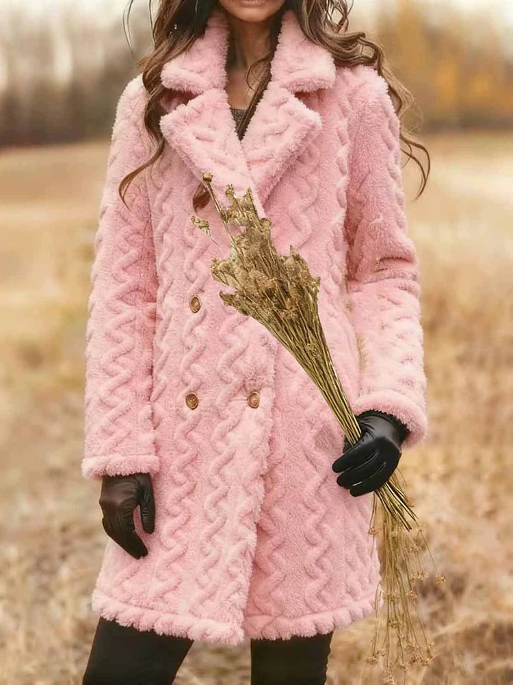 Winter dikke jacquard damesjas eenvoudig effen kleur dubbele rij knopen ontwerp wollen jas casual rechte bovenkleding met lange mouwen