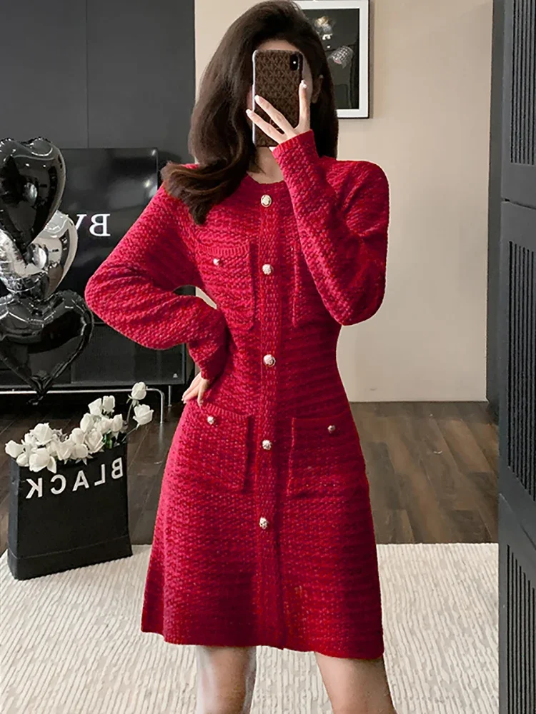 

2024 Red Knitted Thick Warm Sweater Dress Women Korean Vintage Luxury Festival Midi Dress Autumn Winter Long Sleeve Party Dress