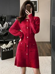 2024 Red Knitted Thick Warm Sweater Dress Women Korean Vintage Luxury Festival Midi Dress Autumn Winter Long Sleeve Party Dress