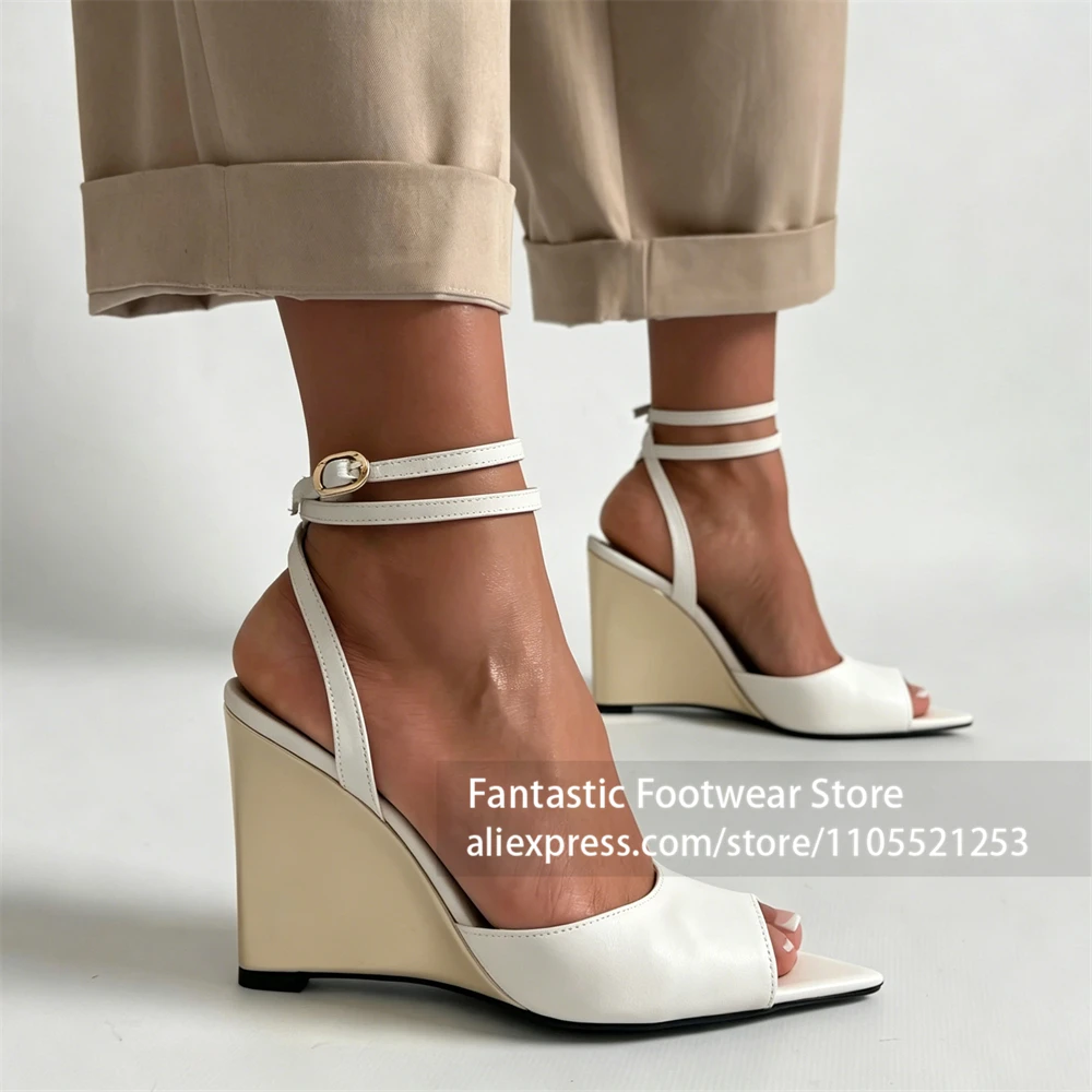 Metallic Gold Wedge Heel Sandals Pointed Peep Toe Double Ankle Strap Summer Shoes Satin Two Tone Buckle High Heel Women Sandals view 6