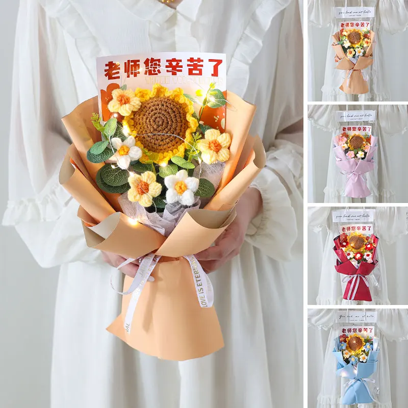 Crochet Woven Flower Graduation Flowers Bouquet Wedding Guests Gifts San Valentine Birthday Gifts Eternal Flowers 졸업식꽃다발