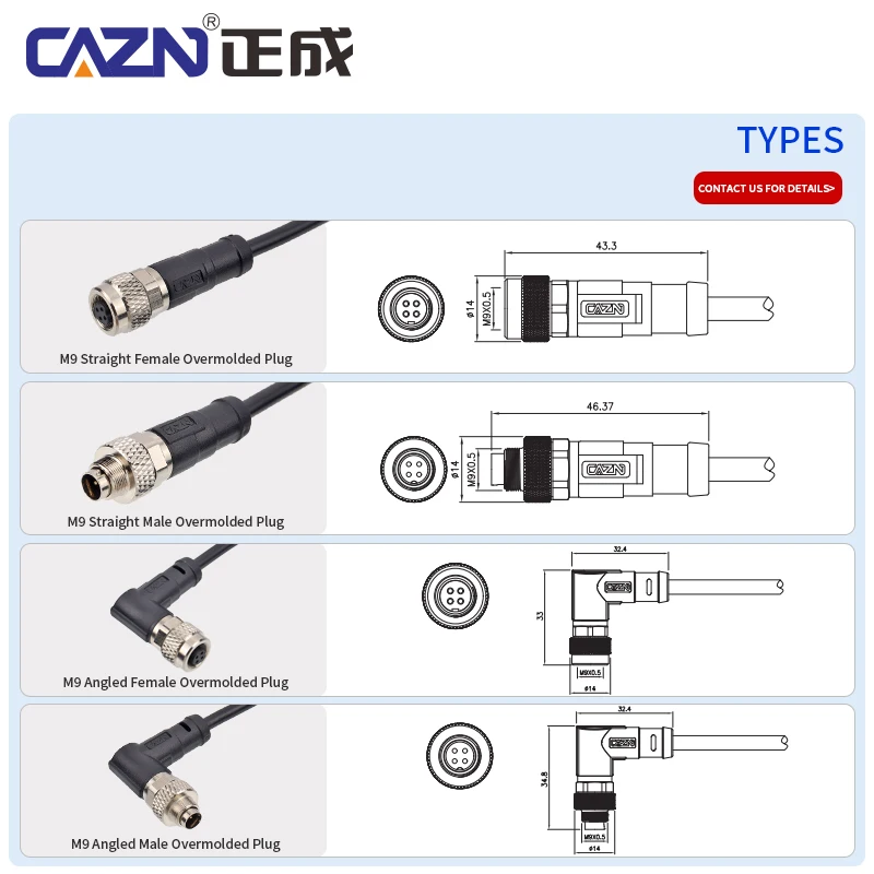 M9 Shielded Overmolded Plug Straight Angled Male Female 2-8 Pin 1/2/5m PVC PUR Cable IP67 IP68 for Heavy Machinery