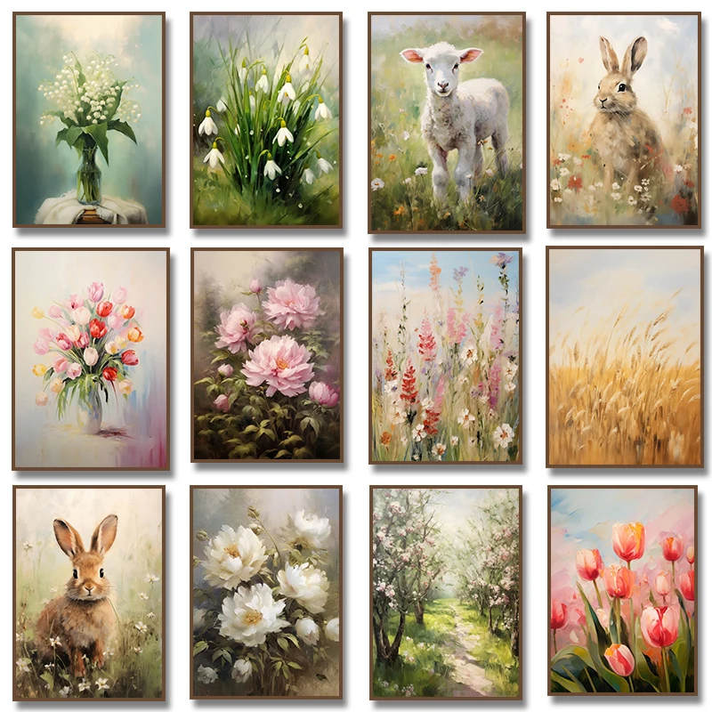 1pc framless Canvas Painting Spring Flowers Poppy Fields Tulip Wildflower Golden Wheat Lamb Bunny Wall Art Canvas Painting Po